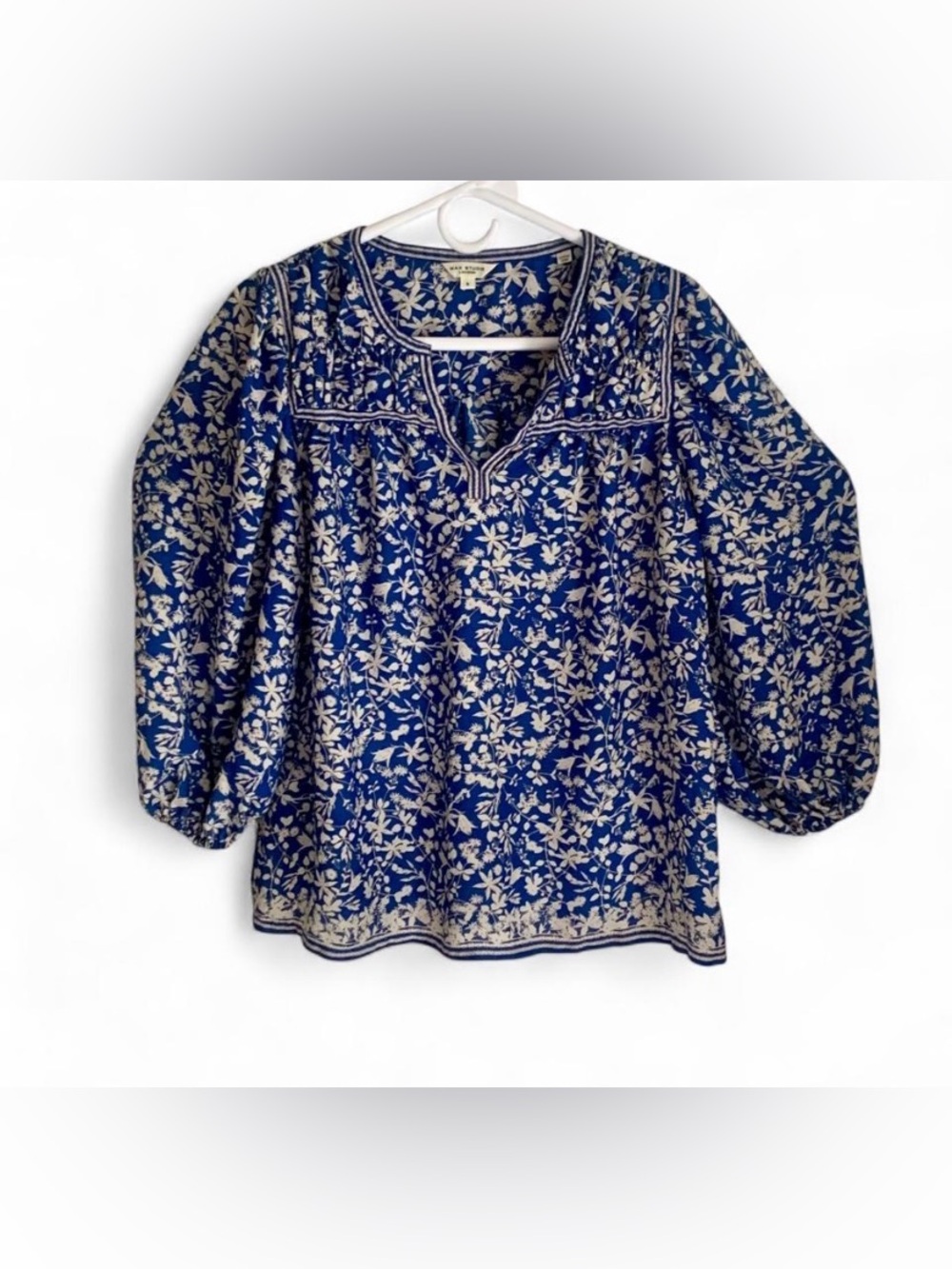 Max Studio blue floral Blouse cottagecore Top 3/4 Sleeve balloon Flowy relaxed